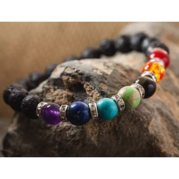 10mm Black Lava Rock 7 Charkra Stone Bead Stretch Bracelet - Picture 1 of 4